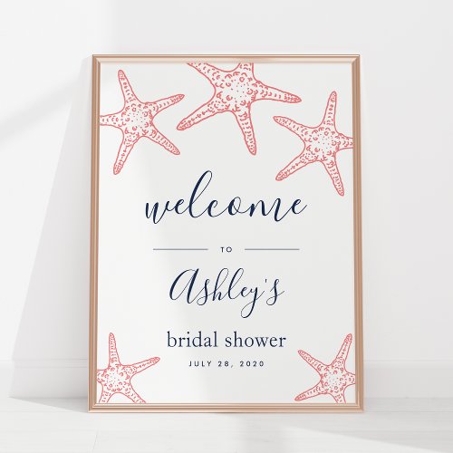 Coral  Navy Starfish Bridal Shower Welcome Sign