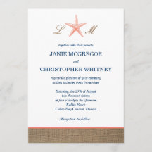 Coral & Navy Starfish Burlap Beach Wedding Invites