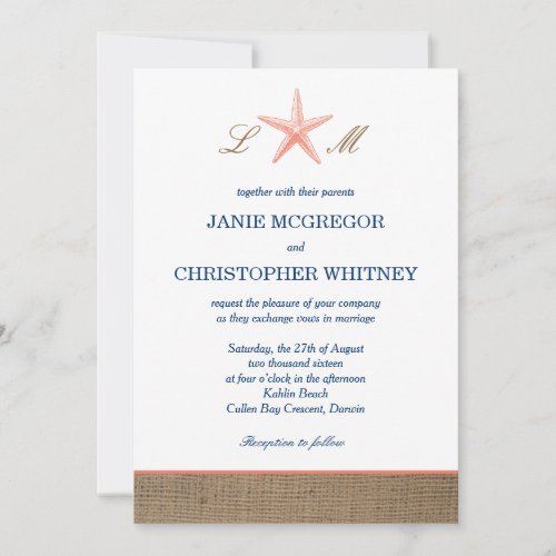 Coral  Navy Starfish Burlap Beach Wedding Invites