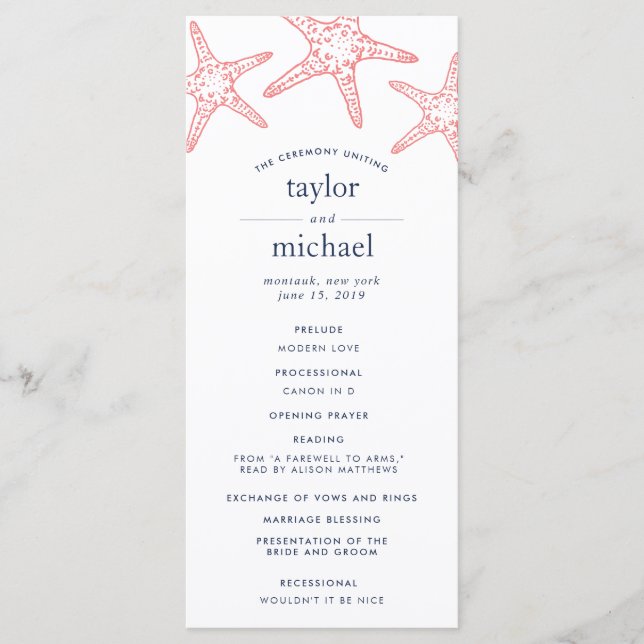 Coral & Navy Starfish Wedding Ceremony Program (Front)