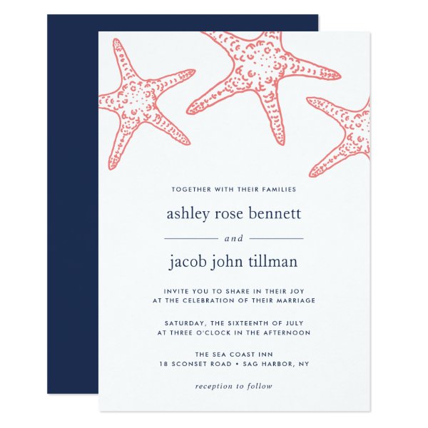 256341191329711825 Coral & Navy Starfish Wedding Invitation