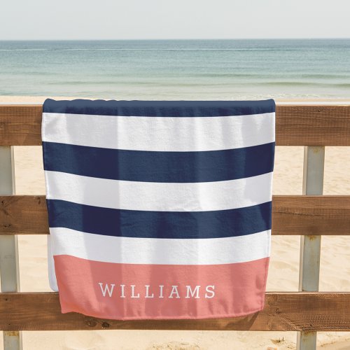 Coral  Navy Stripe Personalized Beach Towel