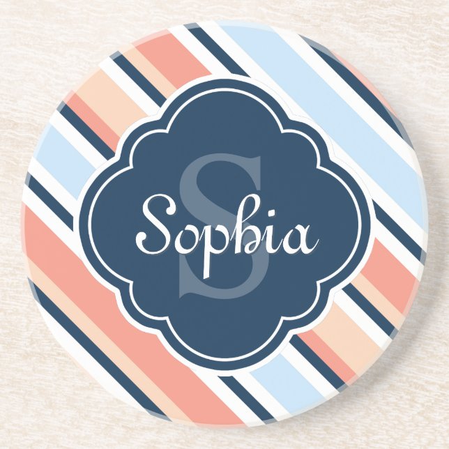 Coral Navy Tilted Stripe Pattern Coaster (Front)