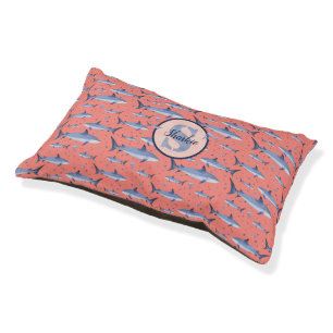 Coral & Navy Watercolor Monogram Shark Sea Life Pet Bed