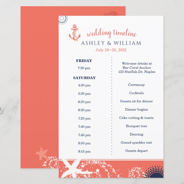 Coral Navy White Beach Wedding Timeline (Front/Back)