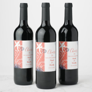 Coral Navy White Beach Wedding Wine Label