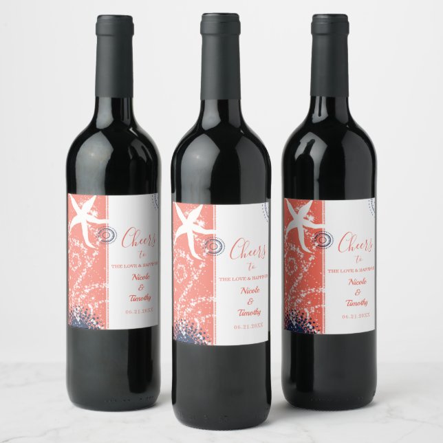 Coral Navy White Beach Wedding Wine Label (Bottles)