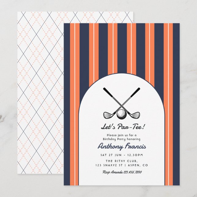 Coral, Navy, & White Golf Birthday Party Invitation (Front/Back)