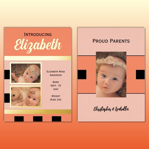 Coral new baby announcement gold foil flat card