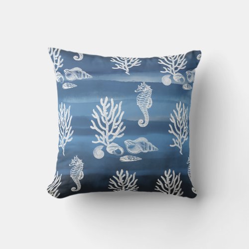 Coral Ocean Seahorse Blue Throw Pillow