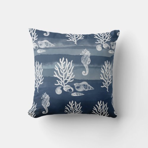 Coral Ocean Seahorse Navy Blue Throw Pillow