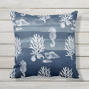 Coral Ocean Seahorse Navy Blue Throw Pillow