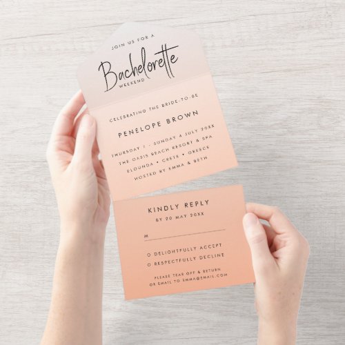 Coral Ombre  Bachelorette Weekend Peach RSVP All In One Invitation