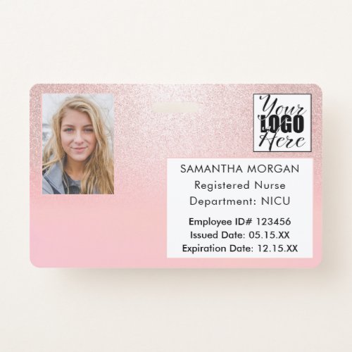 Coral Ombre Glitter Photo Logo Employee ID Badge