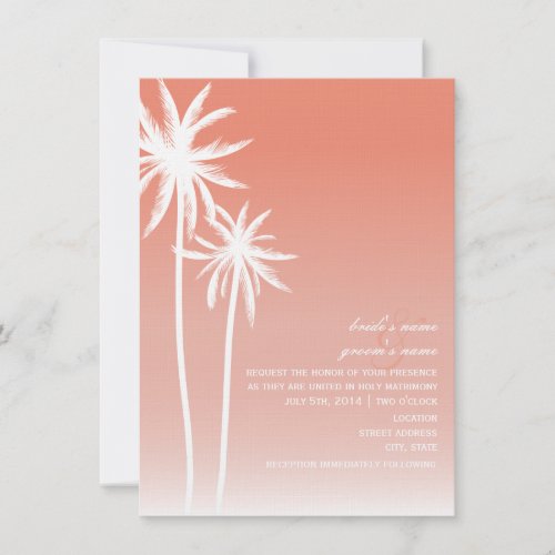 Coral Ombré Palm Trees Beach Wedding Invite