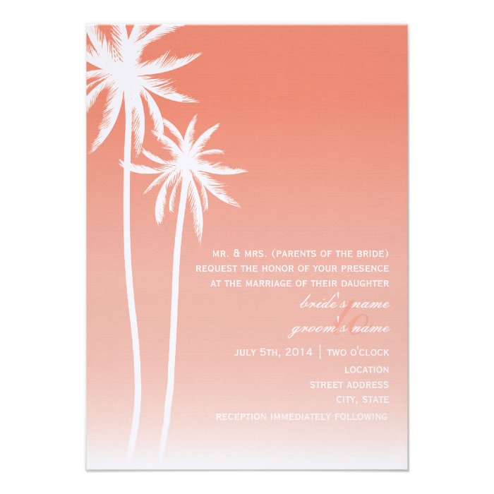 Coral Ombré Palm Trees Beach Wedding Custom Announcements