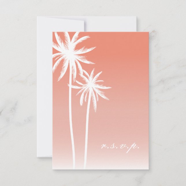 Coral Ombré Palm Trees Beach Wedding RSVP (Front)