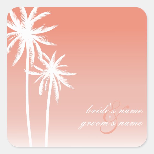Coral Ombré Palm Trees Beach Wedding Sticker (Front)