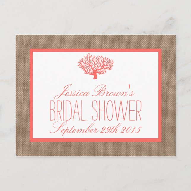 Coral On Burlap Beach Bridal Shower Recipe Cards (Front)