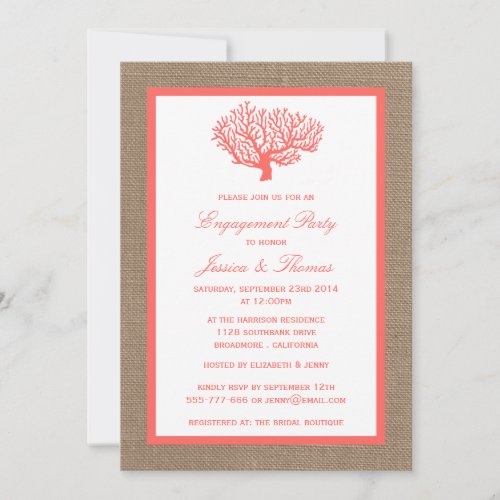 Coral On Burlap Boho Beach Engagement Party Invitation