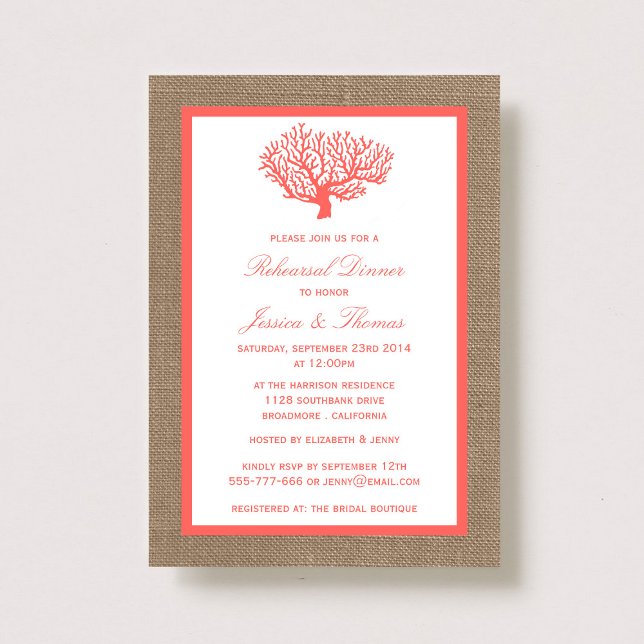 Coral On Burlap Boho Beach Rehearsal Dinner Invitation (Creator Uploaded)