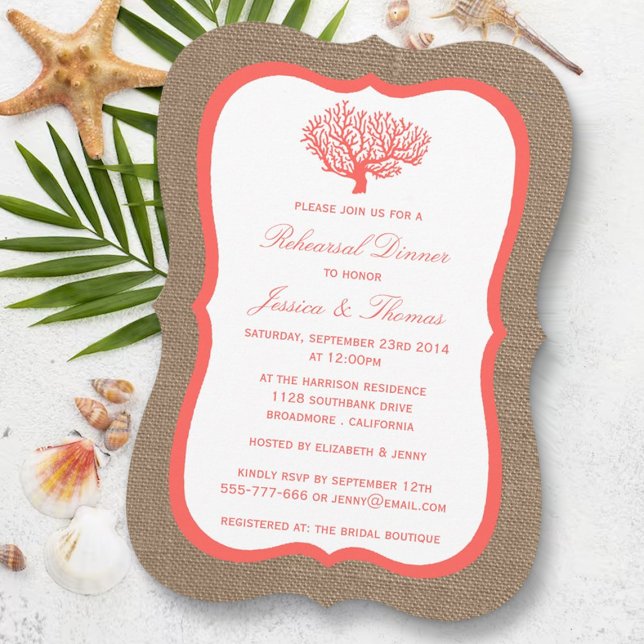 Coral On Burlap Boho Beach Rehearsal Dinner Invitation (Creator Uploaded)