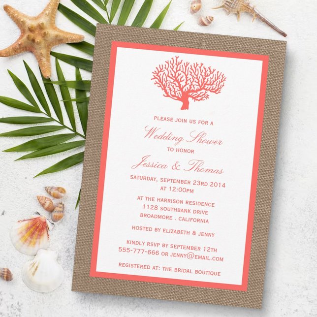 Coral On Burlap Boho Beach Wedding Shower Invitation (Creator Uploaded)