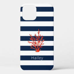 Coral on Navy &amp; white stripe Nautical iPhone case