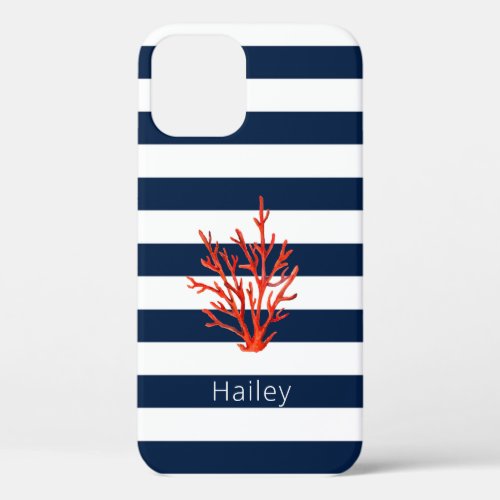 Coral on Navy  white stripe Nautical iPhone case