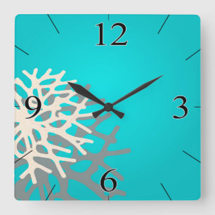 Coral on the Beach   blue grey ivory Square Wall Clock