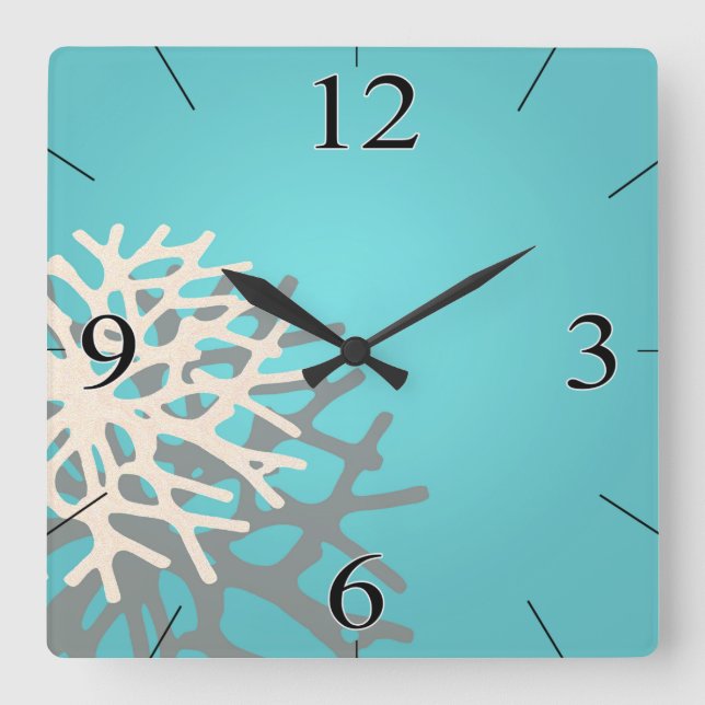 Coral on the Beach | blue grey ivory Square Wall Clock (Front)