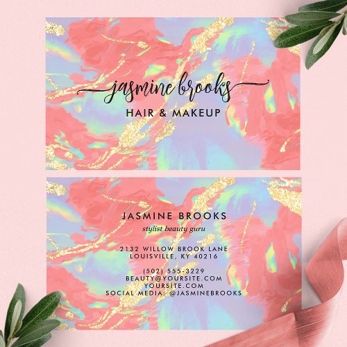 Coral Opal Holographic Gold Glitter Business Card