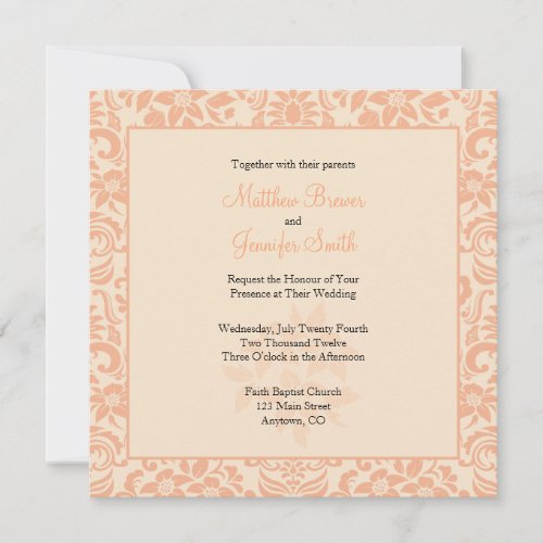Coral and Cream Damask Wedding Invitation