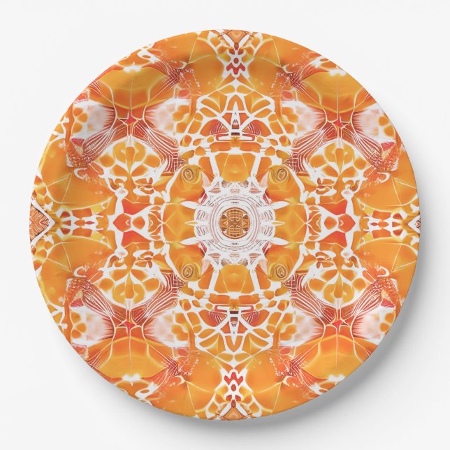 Coral Orange and Cream Batik Medallion Pattern Paper Plates (Front)