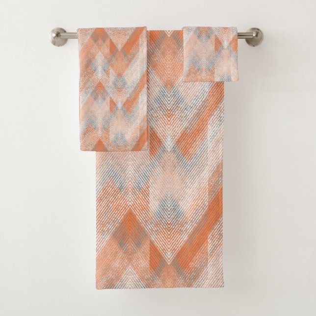 Coral, orange, beige, gray textured zigzag . bath towel set (Insitu)