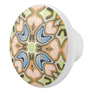 Coral Orange Blue Lime Green Hip Ornate Art Motif Ceramic Knob