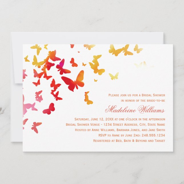 Coral Orange Butterfly Cascade Wedding Shower Invitation (Front)