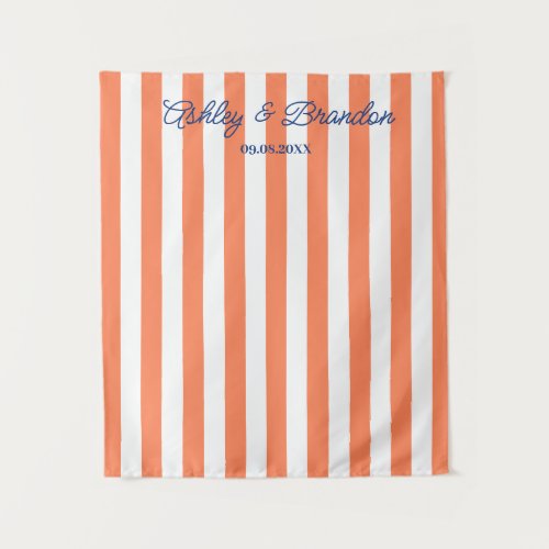 Coral Orange Cabana Stripe Personalized Wedding Tapestry