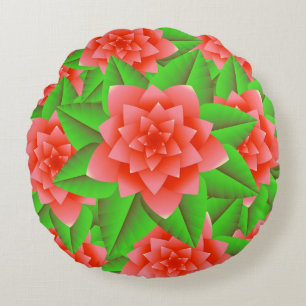 Coral Orange Camellias and Green Leaves Round Pillow
