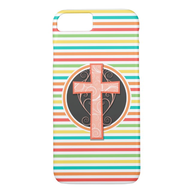 Coral Orange Cross; Bright Rainbow Stripes Case-Mate iPhone Case (Back)