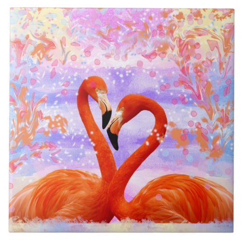 Coral orange flamingos ceramic tile