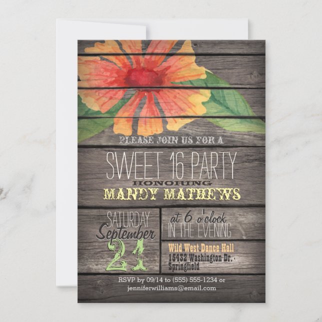 Coral Orange Flower; Rustic Wood Sweet 16 Party Invitation (Front)
