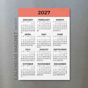 Coral Orange Full Year View 2027 Magnetic Calendar