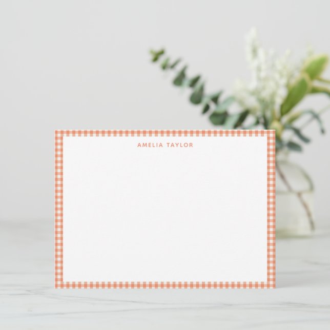 Coral Orange Gingham Plaid Personalized Stationery Note Card (Standing Front)