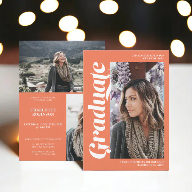 Coral orange graduate script 3 photo graduation invitation | Zazzle
