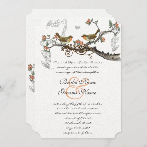 Coral Orange Gray Rustic Love Bird Wedding Invite