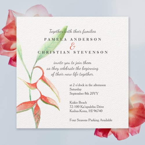Coral Orange Heliconia Flower Watercolor Wedding Invitation