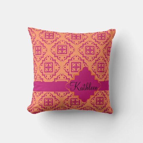 Coral Orange  Magenta Arabesque Moroccan Throw Pillow