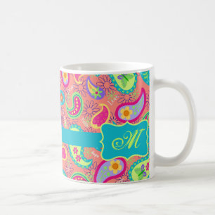 Coral Orange Modern Paisley Pattern Monogram Coffee Mug