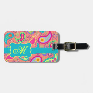 Coral Orange Modern Paisley Pattern Monogram Luggage Tag